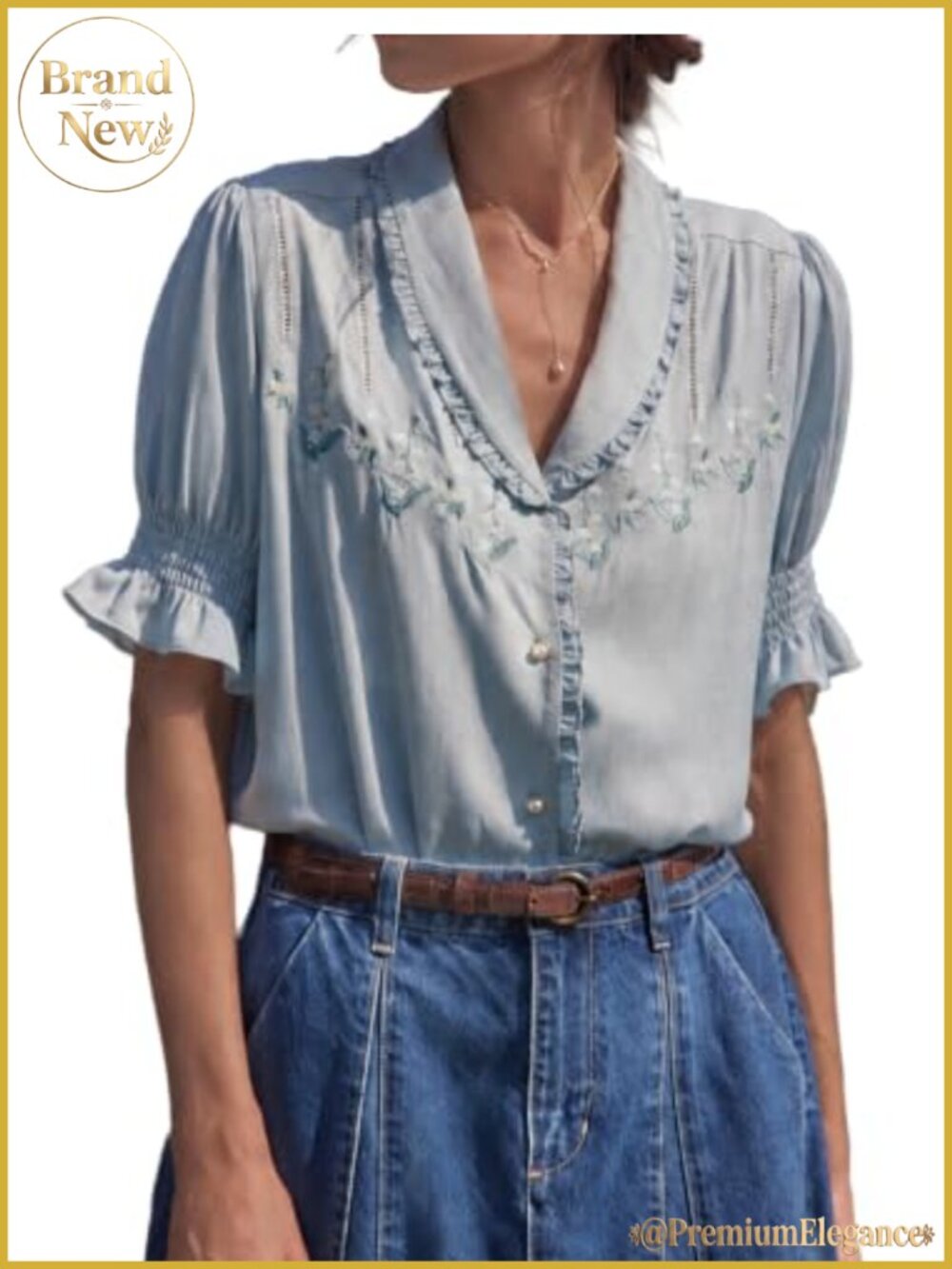 Floral Embroidery V Neck Ruffle Short Sleeve Button Down Blouse